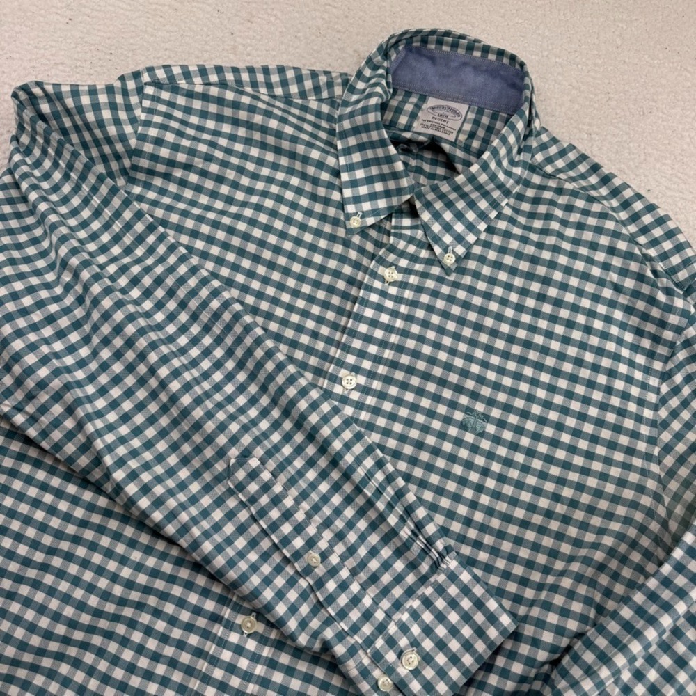 Brooks Brothers Regent Shirt Mens Large Teal White Plaid Long Sleeve Button Down